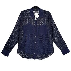 J. Crew Blue Geometric Lace Button Shirt Silk Pockets Long Sleeve Womens 12 NWT